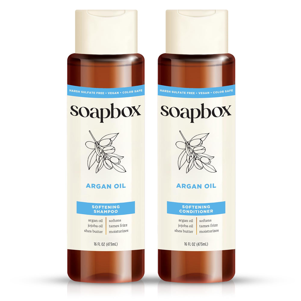 Soapbox Argan shampoo bottle highlights volumizing formula for smooth, frizz-controlled hair.