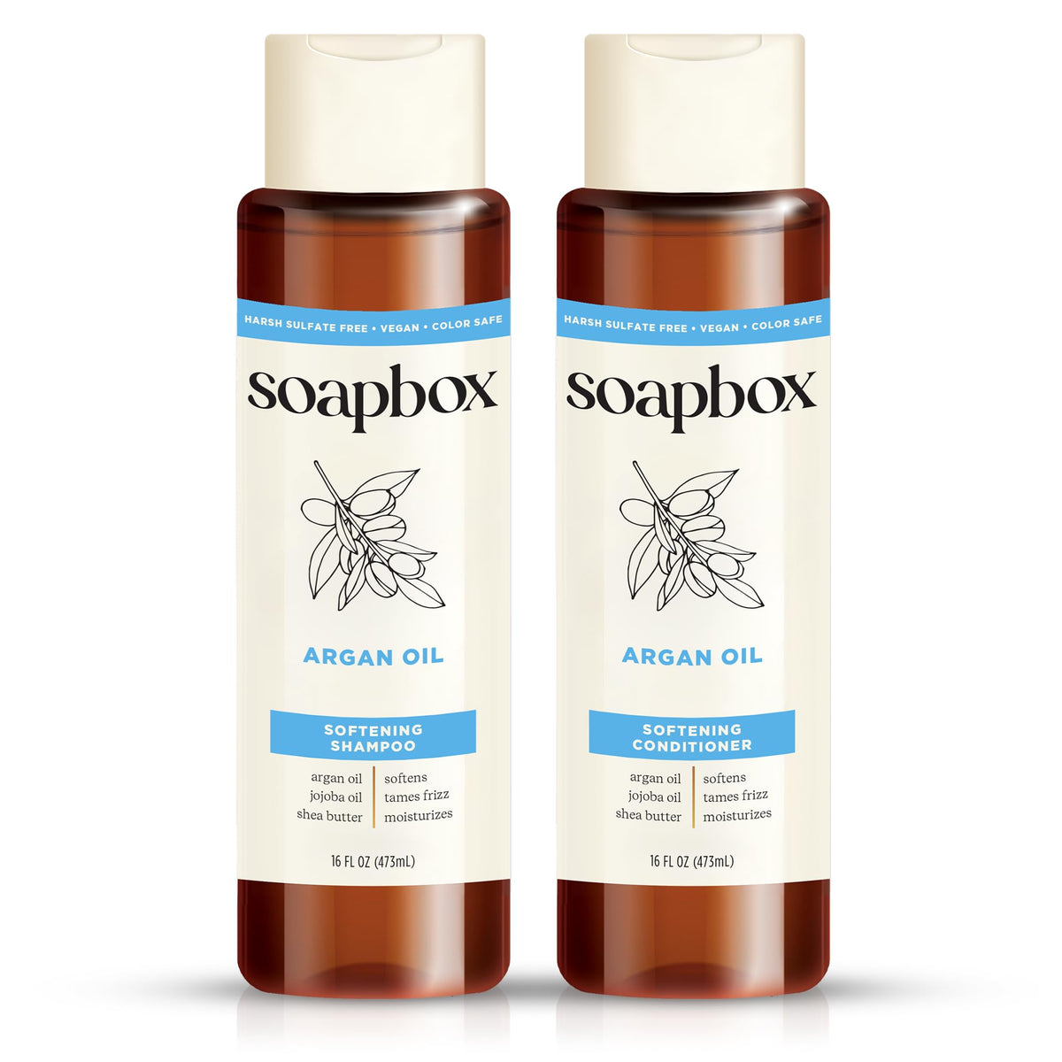 Soapbox Argan shampoo bottle highlights volumizing formula for smooth, frizz-controlled hair.