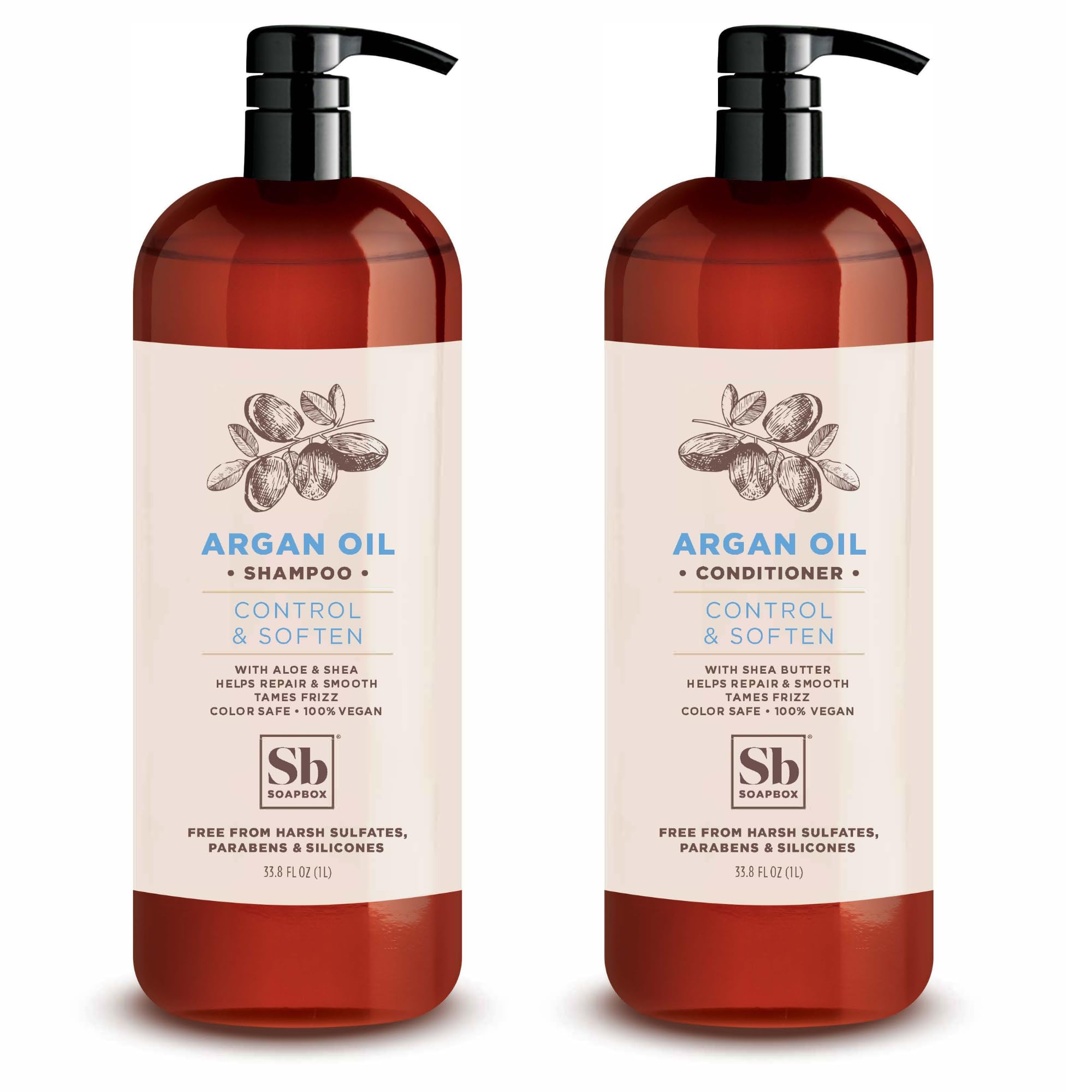 Soapbox Argan Shampoo bottle with color-safe vegan formula on display.