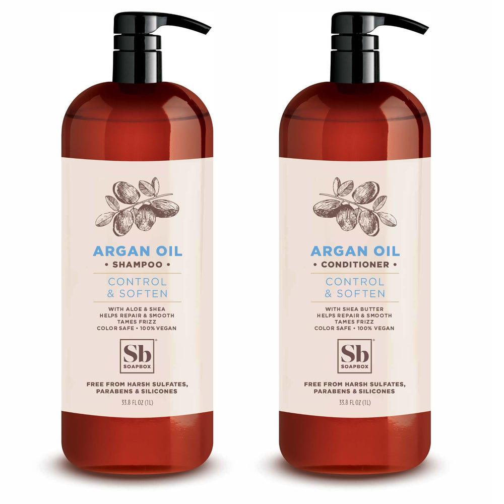 Soapbox Argan Shampoo bottle with color-safe vegan formula on display.