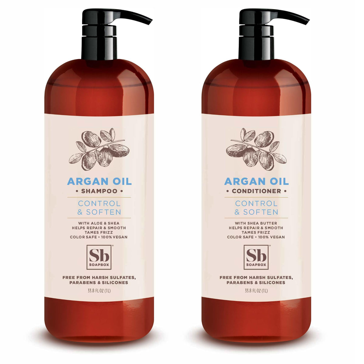 Soapbox Argan Shampoo bottle with color-safe vegan formula on display.