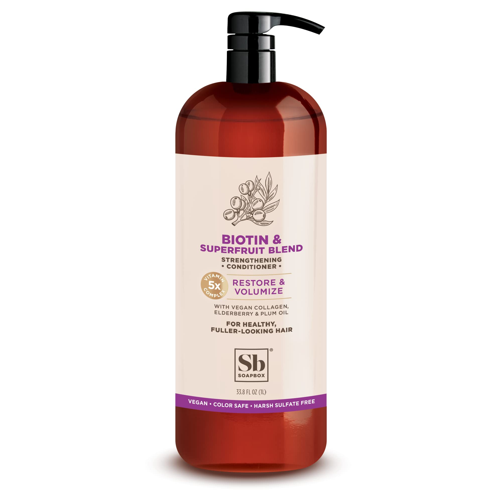 Soapbox Biotin & Collagen conditioner bottle with pump promotes fuller-looking hair.