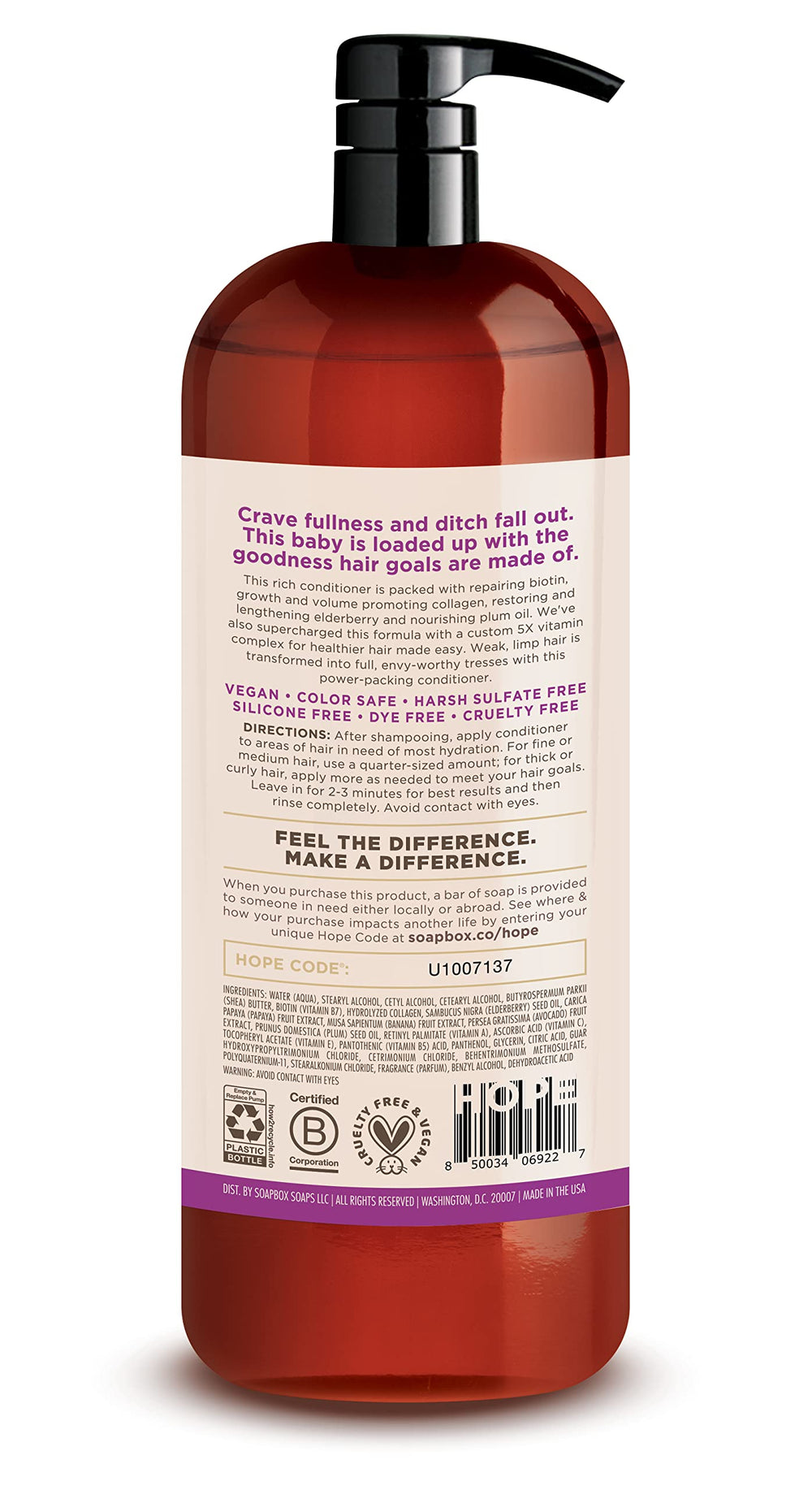 Soapbox conditioner bottle close-up shows elderberry and plum oil for hydrated hair.