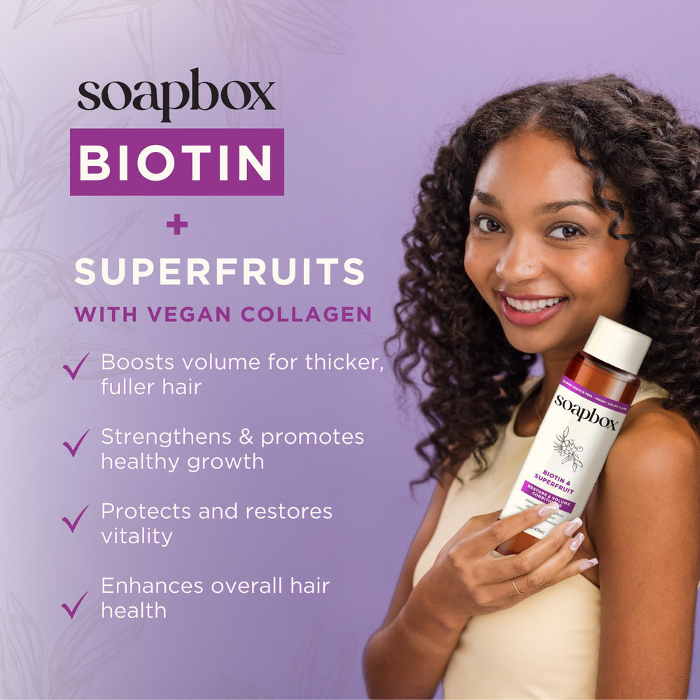 Soapbox Biotin & Superfruit Conditioner rinse reveals detangling ease and smooth strands.