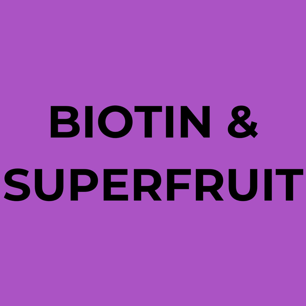 Key ingredients of Soapbox Biotin and Superfruit enriching hair care products.