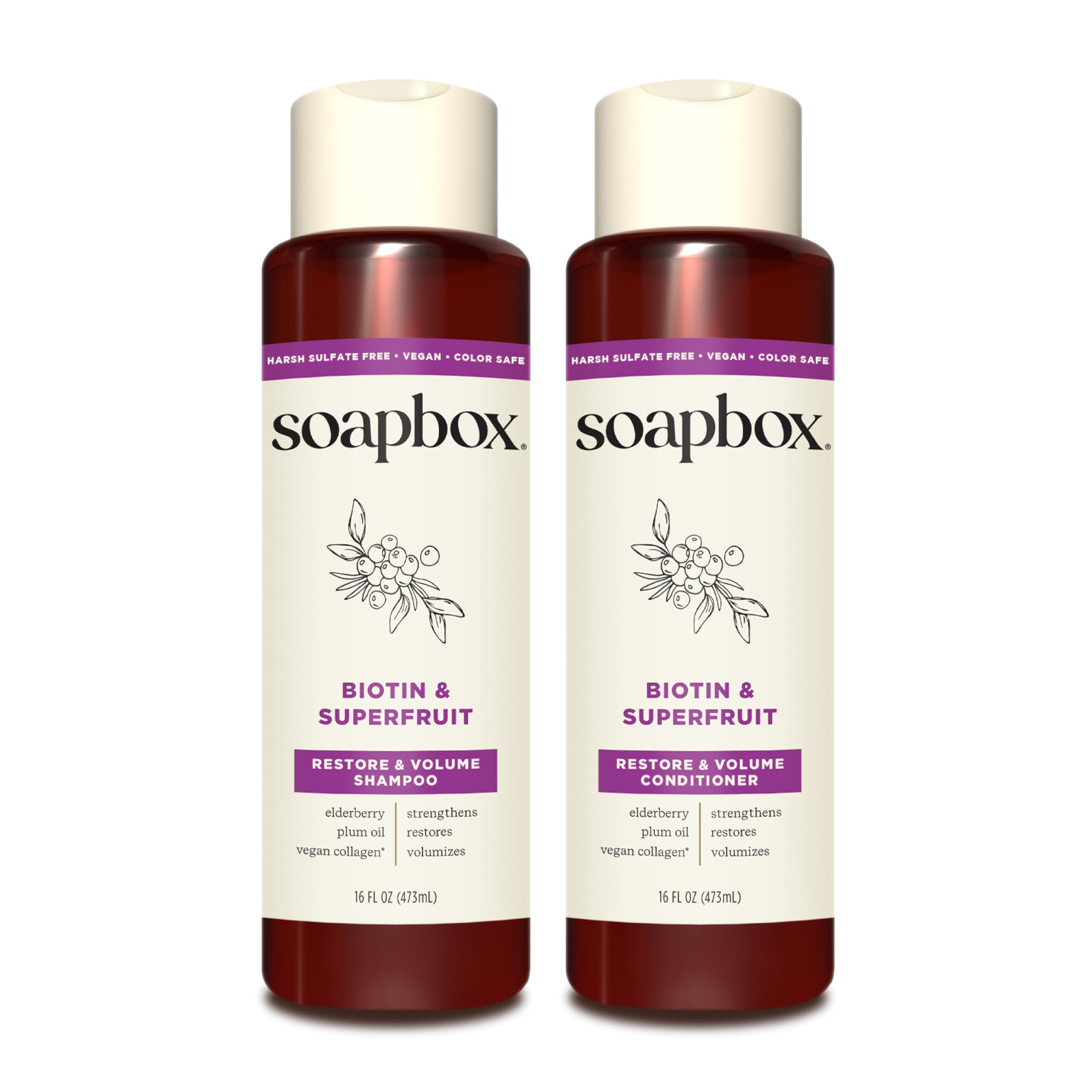 Soapbox Biotin & Superfruit Shampoo bottle showcases nourishing formula for thicker, softer hair in daily routine.