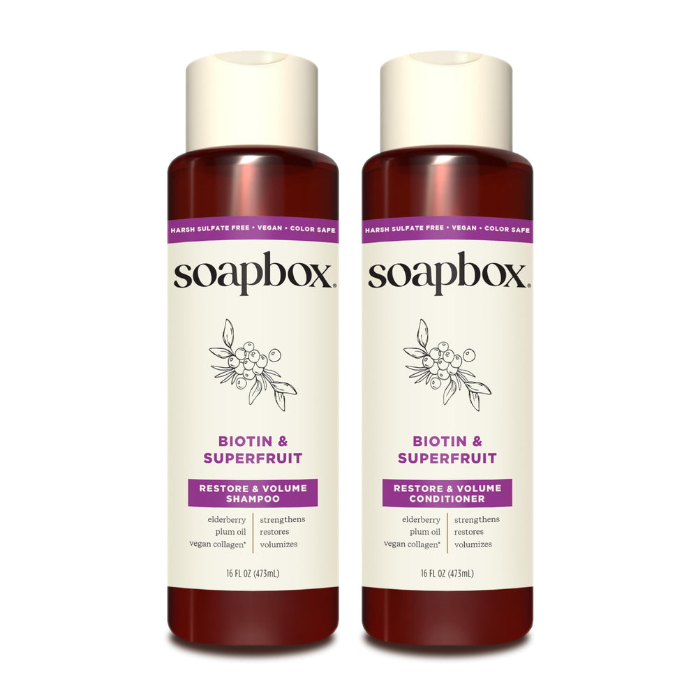 Soapbox Biotin & Superfruit Shampoo bottle showcases nourishing formula for thicker, softer hair in daily routine.