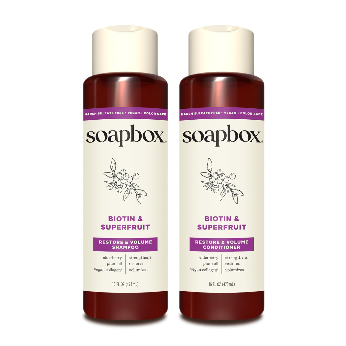 Soapbox Biotin & Superfruit Shampoo bottle showcases nourishing formula for thicker, softer hair in daily routine.