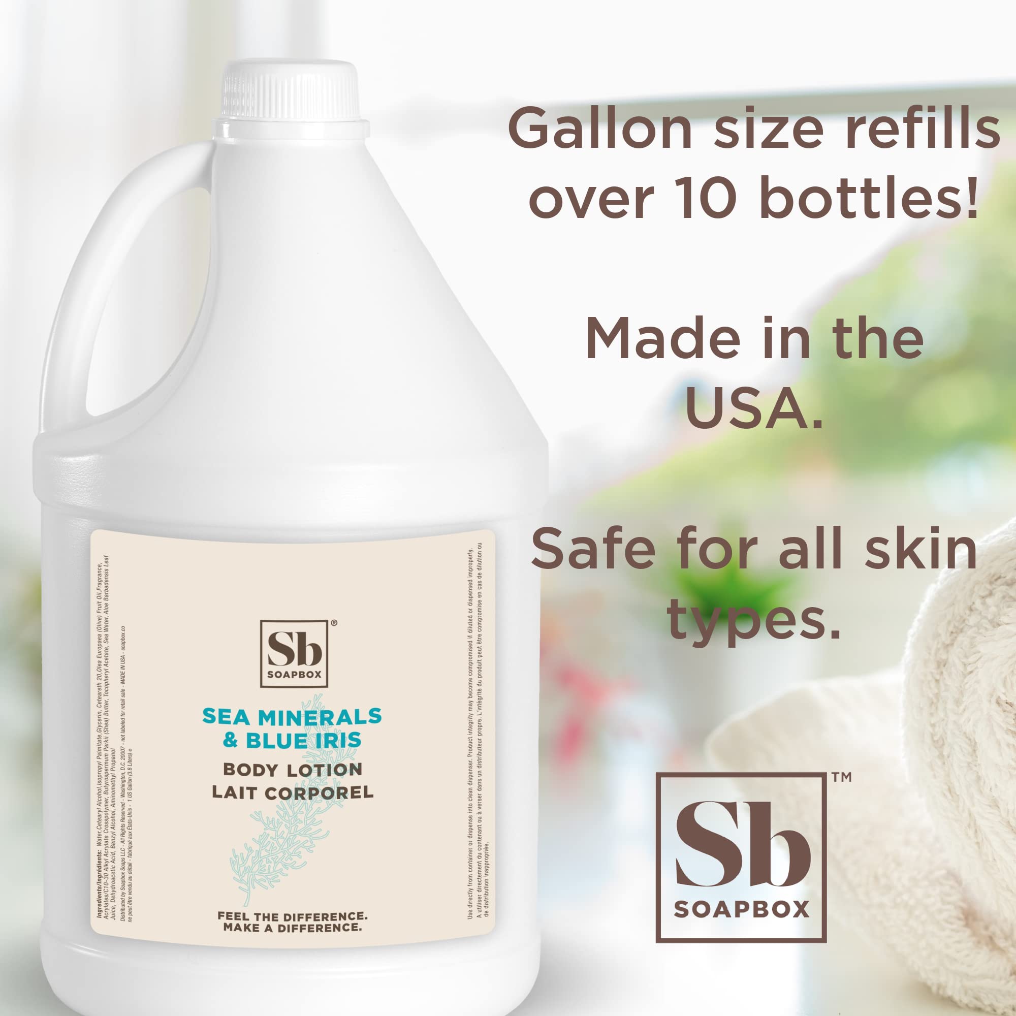 Soapbox body lotion blue-iris-pump highlights fresh aroma and fast absorption.
