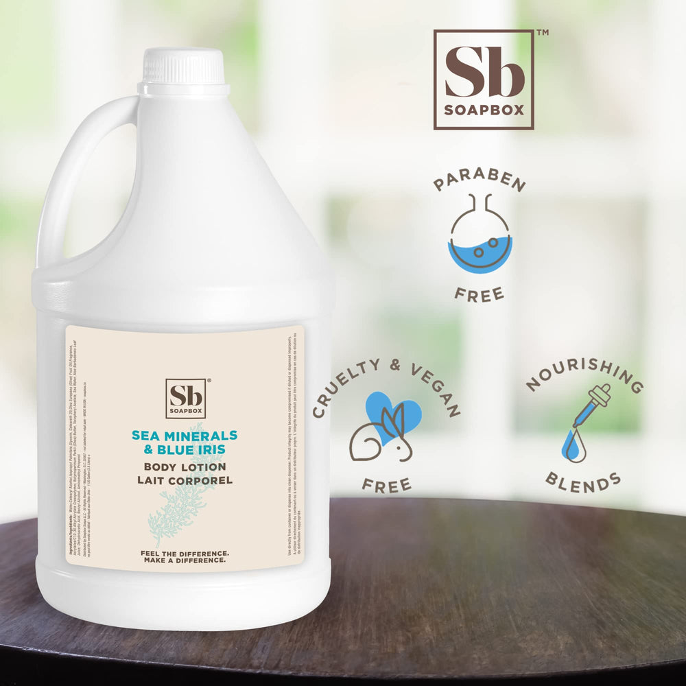 Soapbox body lotion gallon-refill-pack emphasizes bulk convenience for homes and pros.