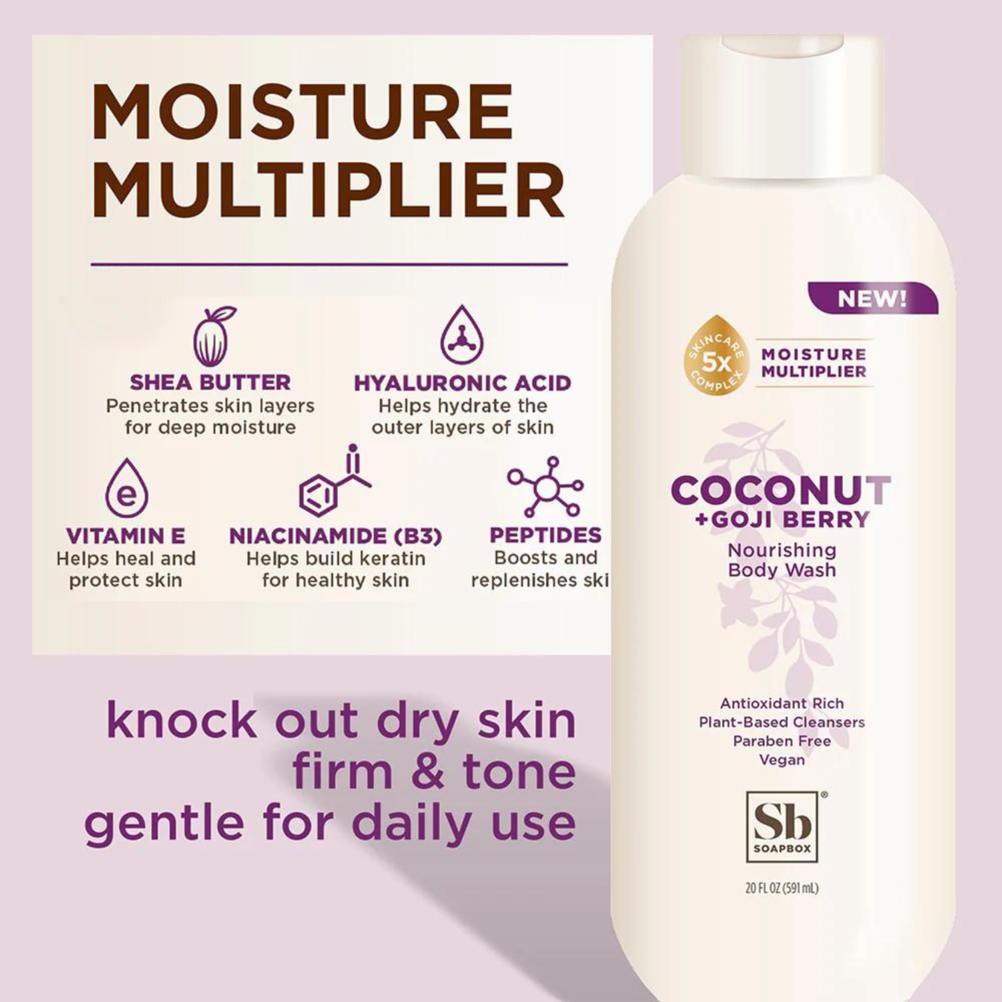 Soapbox Coconut Goji Bodywash bottle back highlighting vegan formula and ingredients.