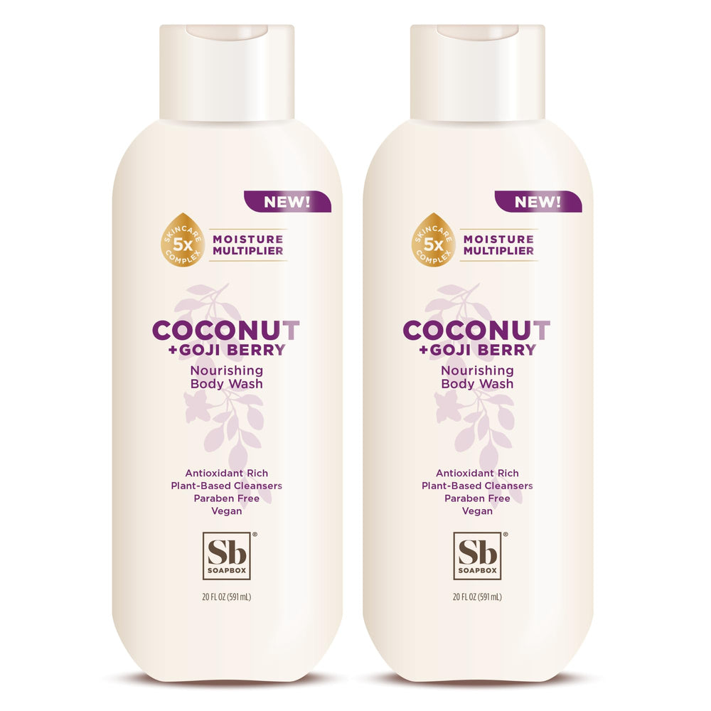 Soapbox Coconut Goji Bodywash bottle front showing daily hydration for dry skin.