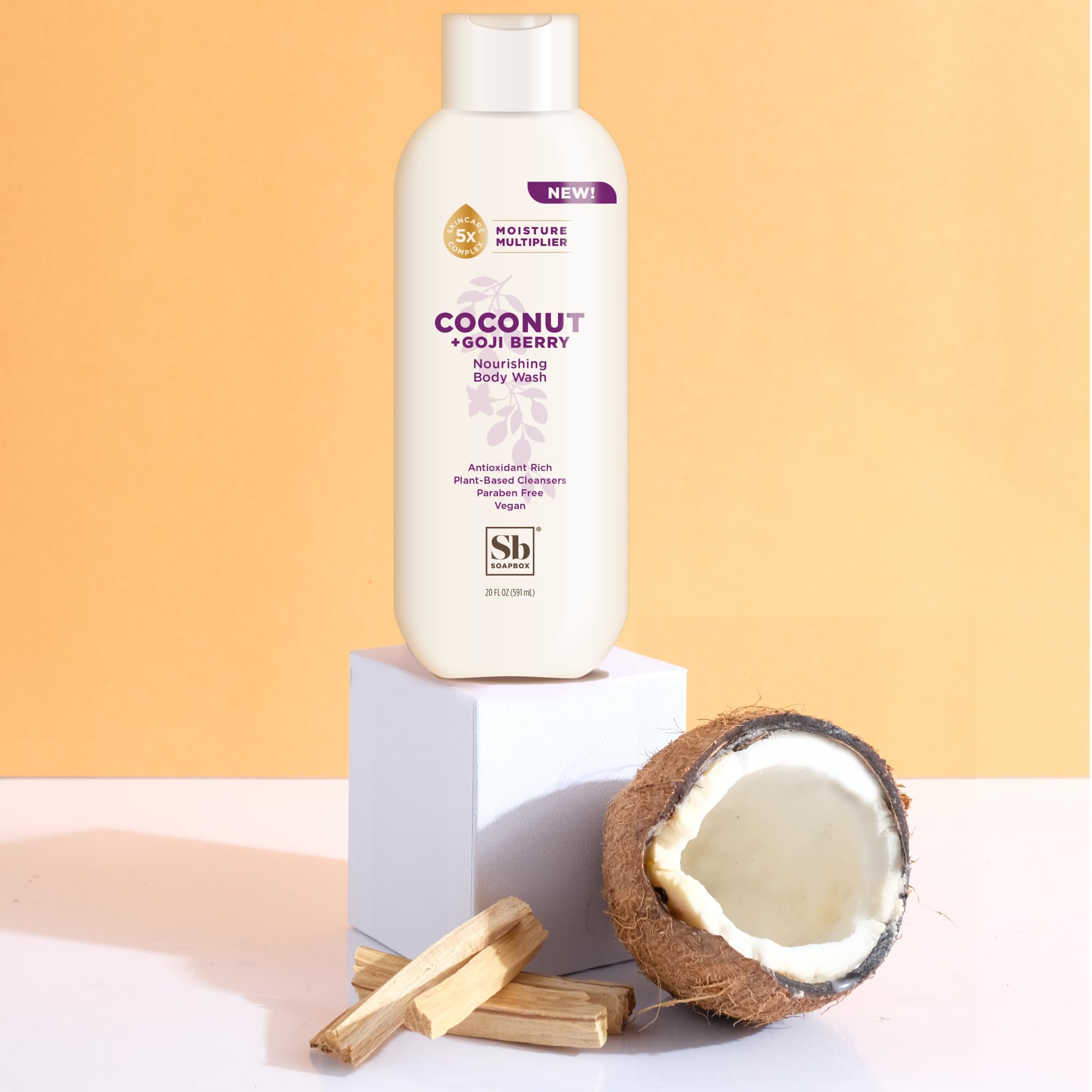 Soapbox Coconut Goji Bodywash foamy lather demonstrating creamy texture for smoother skin.
