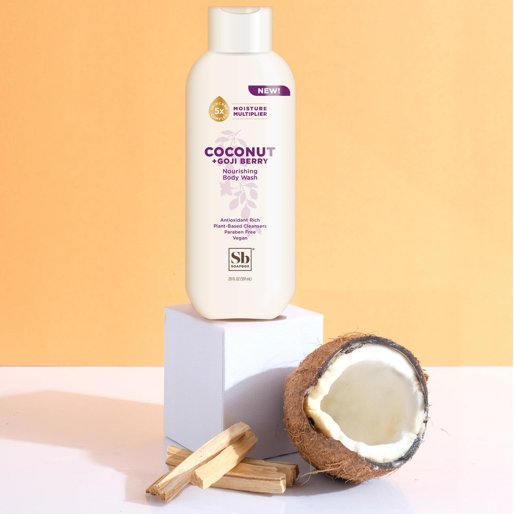 Soapbox Coconut Goji Bodywash foamy lather demonstrating creamy texture for smoother skin.