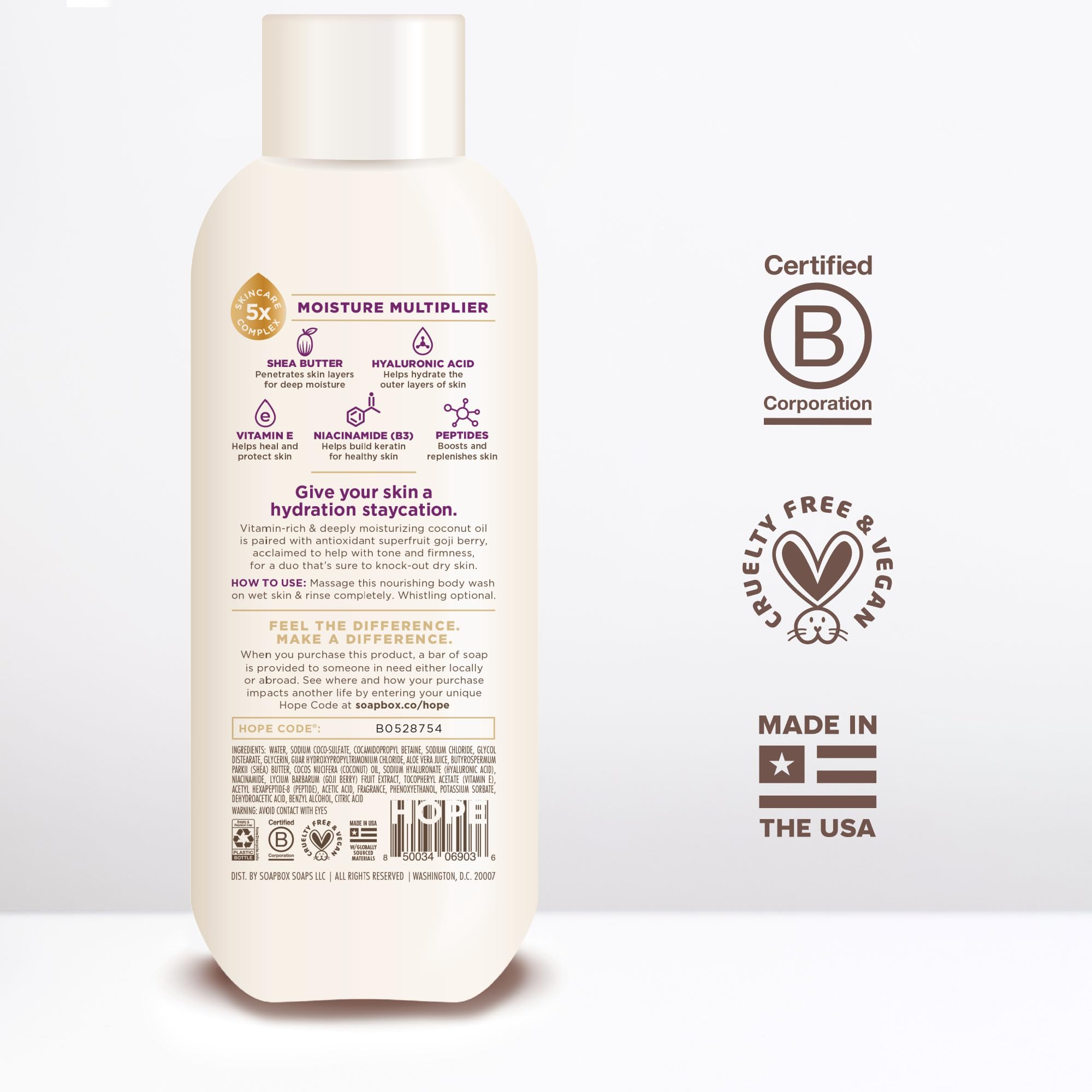 Soapbox Coconut Goji Bodywash pump dispense showing convenient everyday use.