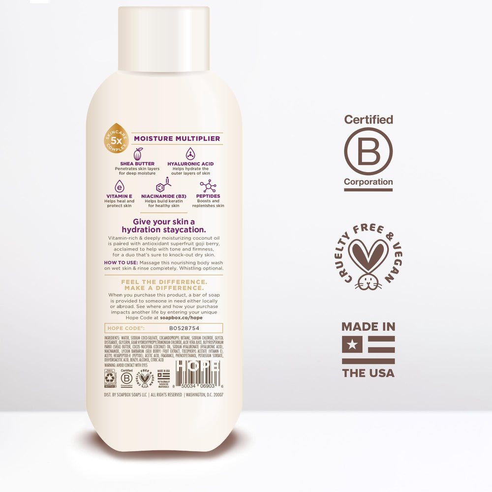 Soapbox Coconut Goji Bodywash pump dispense showing convenient everyday use.