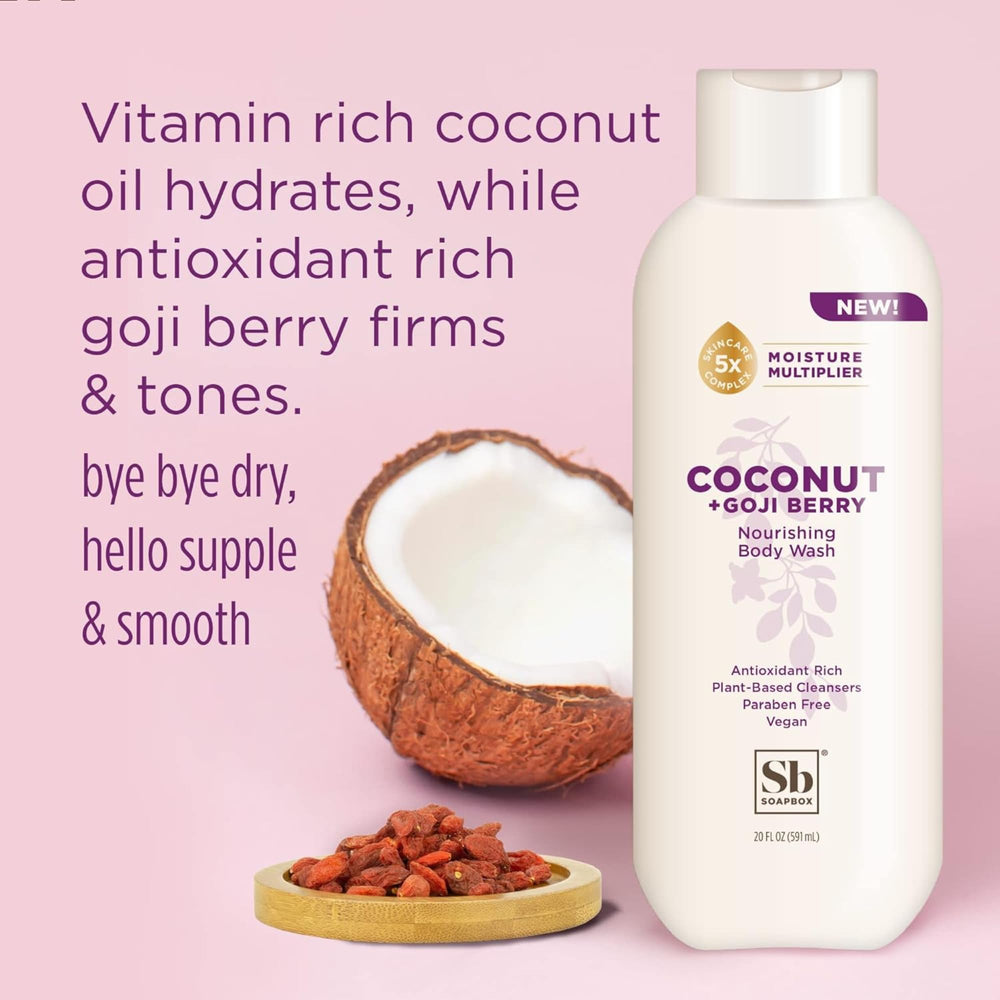 Soapbox Coconut Goji Bodywash shower scene for refreshing morning cleanse.