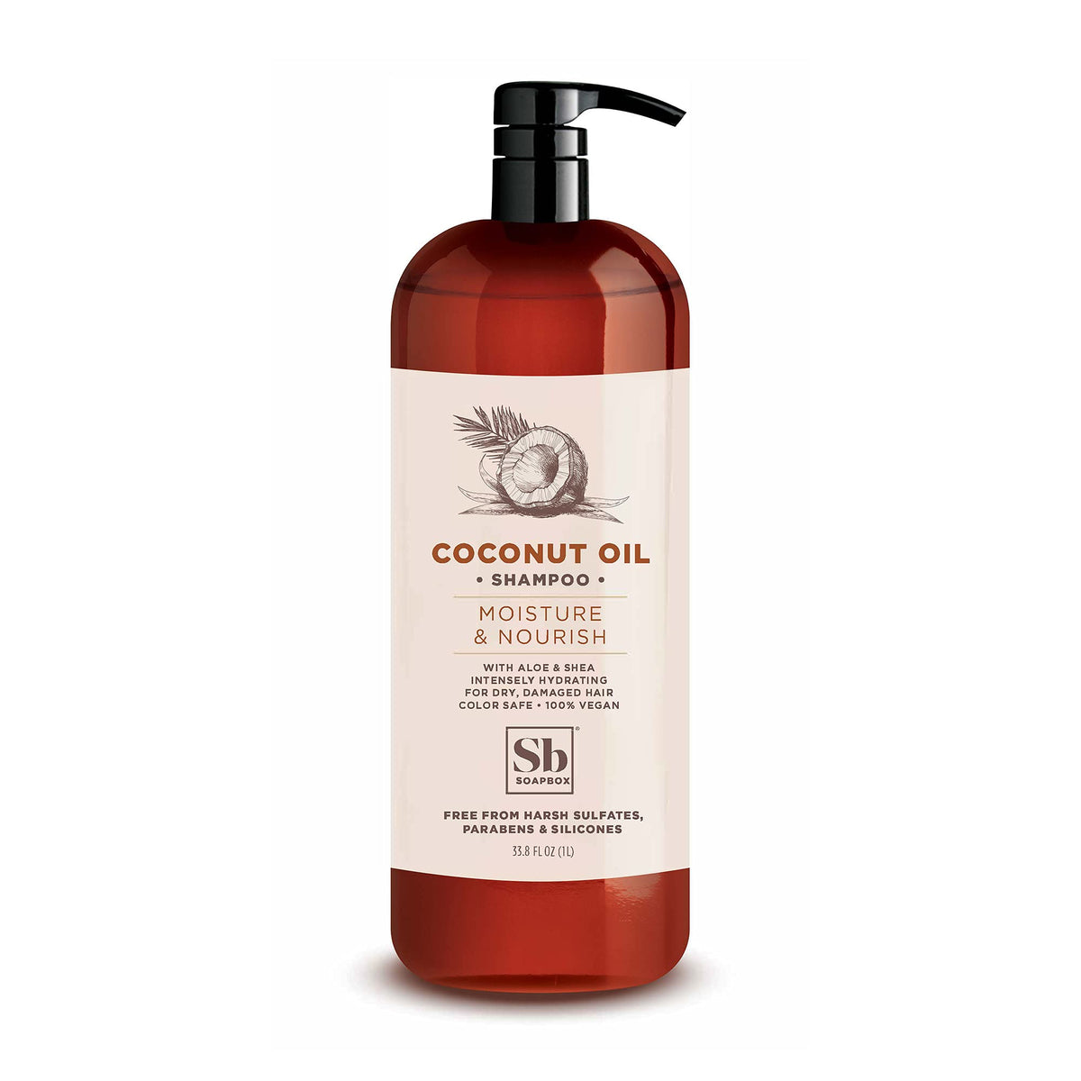 Soapbox Coconut Oil Shampoo bottle shows a hydrating, sulfate-free formula for all hair types.