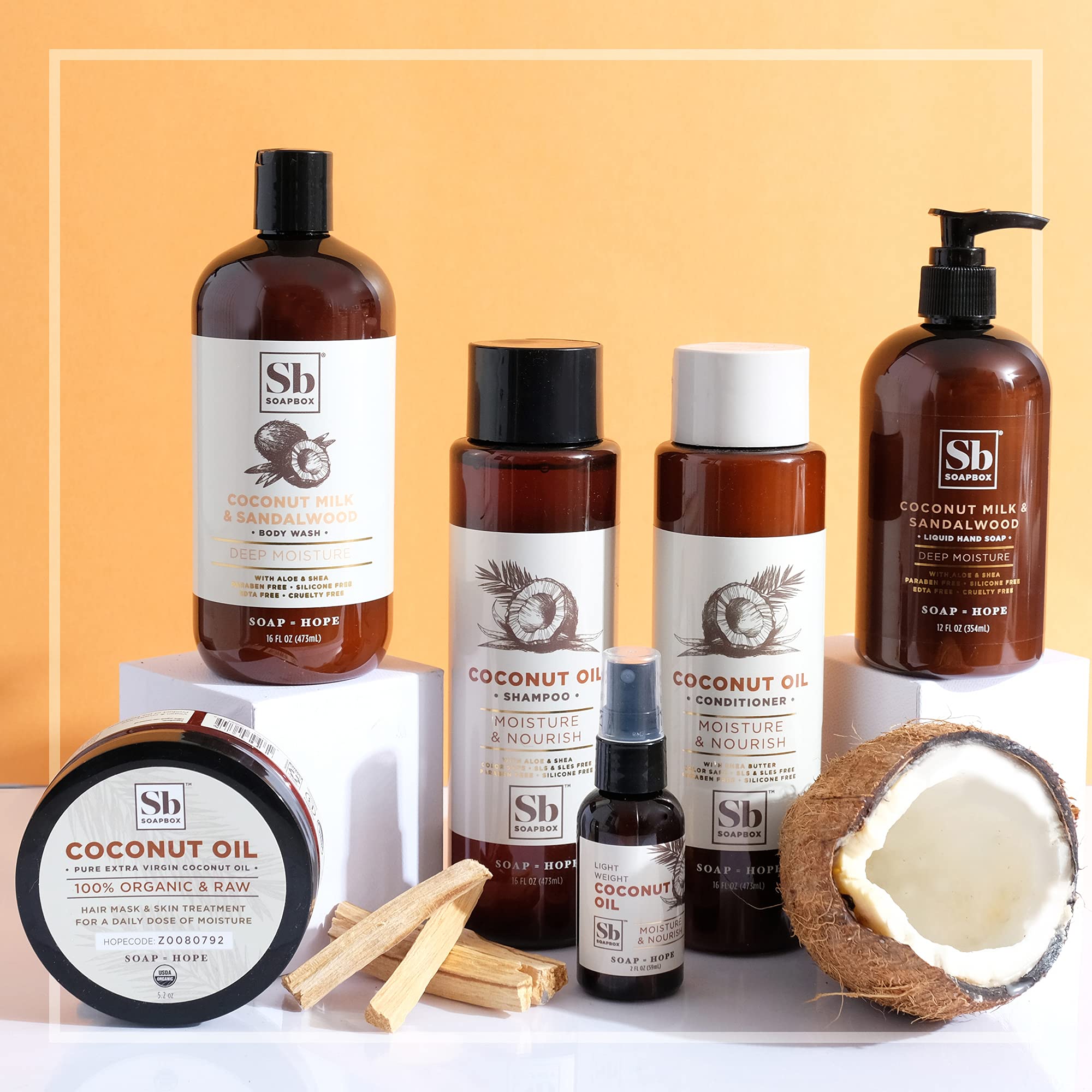 Soapbox Coconut Oil Shampoo moisture-boost formula for hydrated hair.