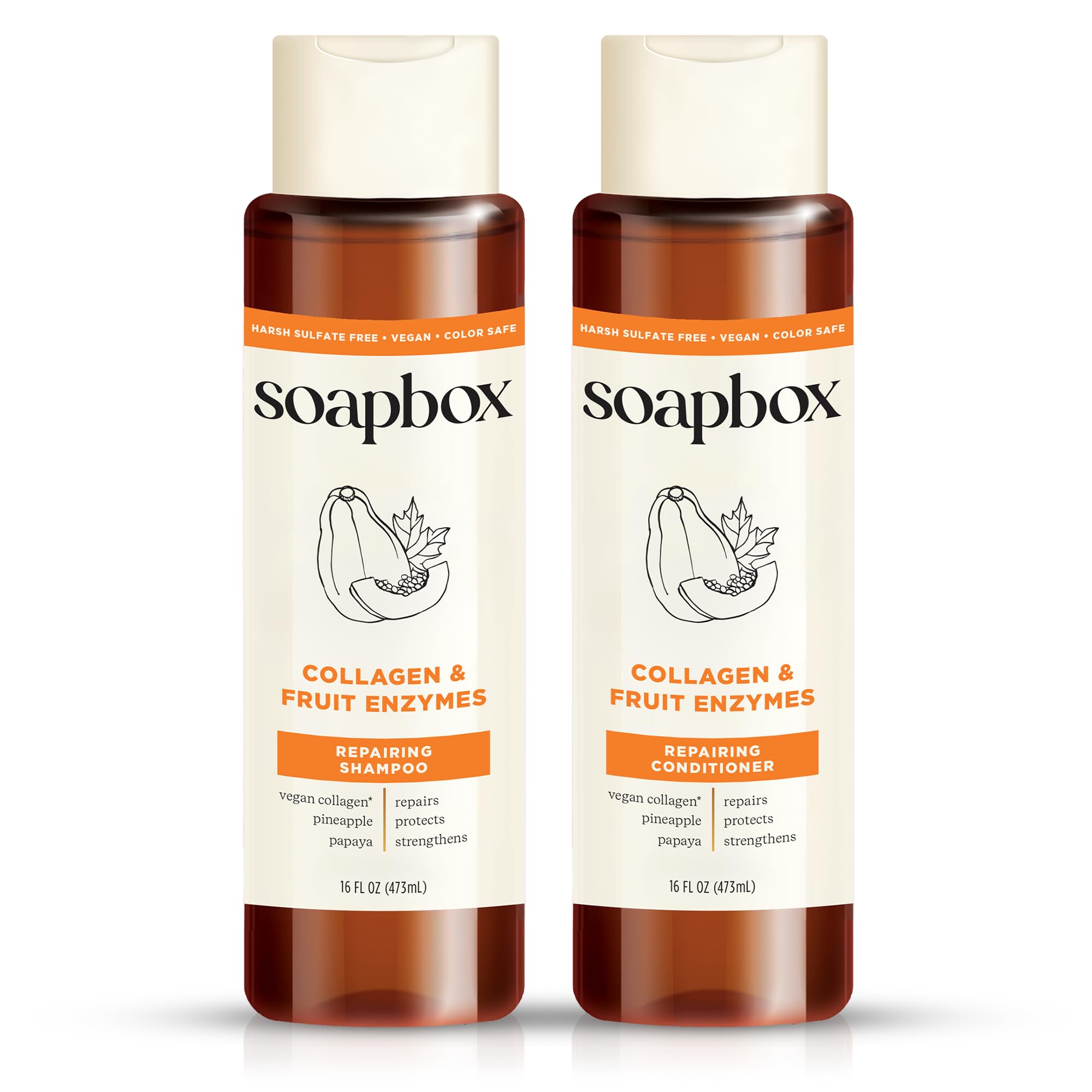 Soapbox Collagen Shampoo bottle highlights lightweight formula for fuller-looking hair