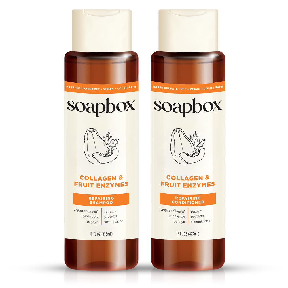 Soapbox Collagen Shampoo bottle highlights lightweight formula for fuller-looking hair
