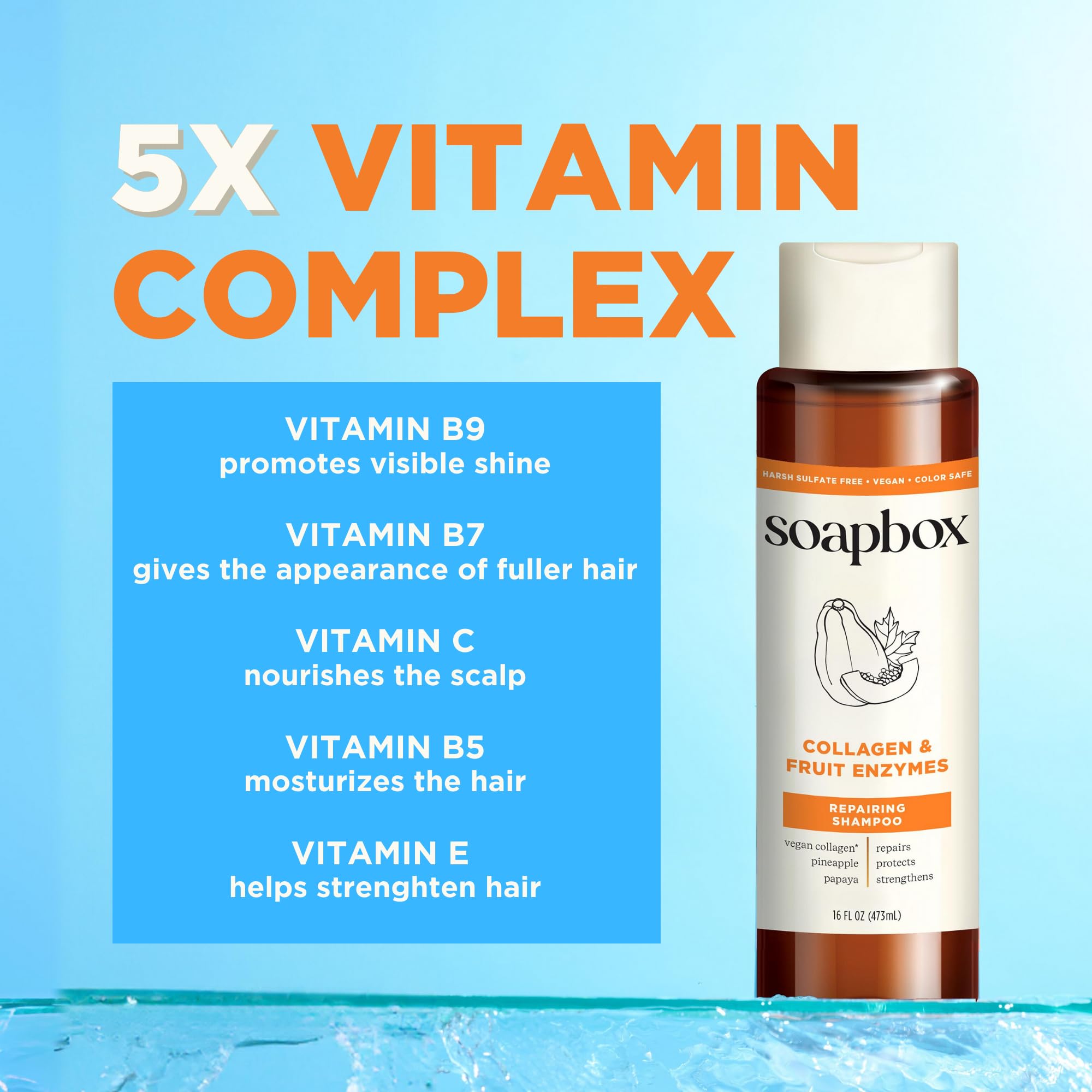 Soapbox Collagen Shampoo ingredients close-up features pineapple and papaya enzymes for antioxidant care