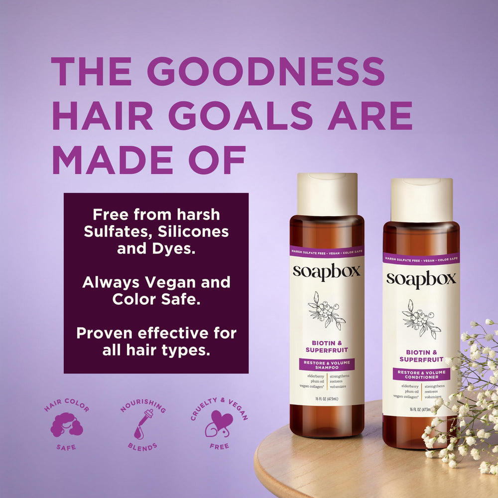 Soapbox vegan cruelty-free dye-free conditioner seal on bottle.