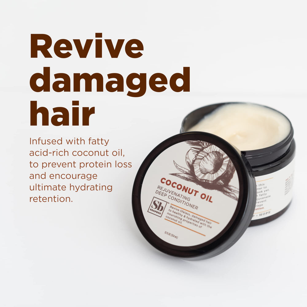 Soapbox Deep Conditioner jar close-up highlights creamy coconut oil formula.