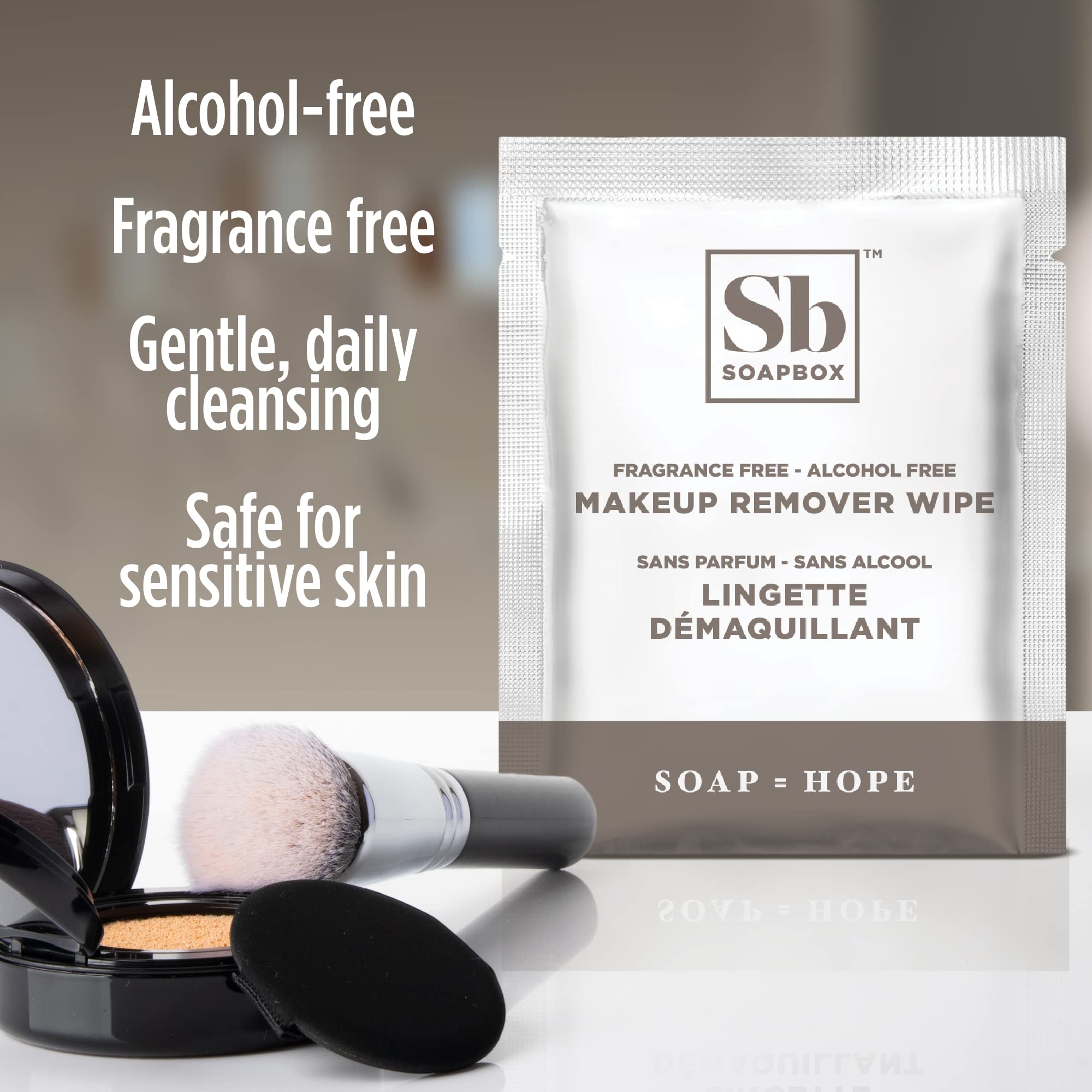 Soapbox fragrance-free makeup remover pads on 50-count packaging.