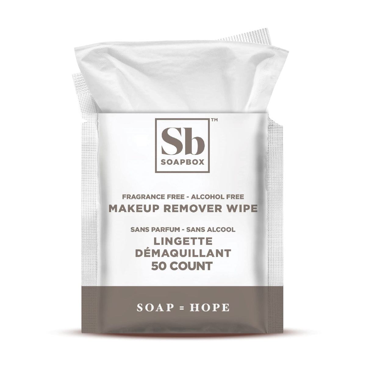 Soapbox fragrance-free makeup remover wipes pack shot for sensitive skin cleansing.
