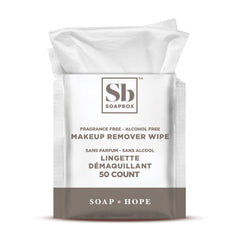 Soapbox fragrance-free makeup remover wipes pack shot for sensitive skin cleansing.