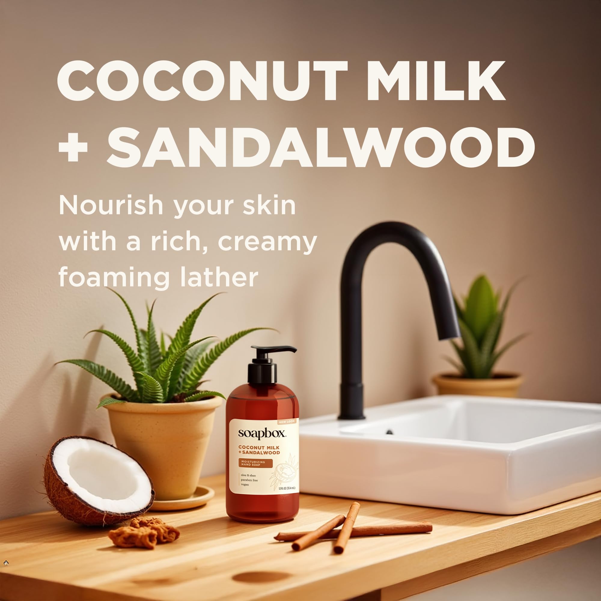Soapbox hand soap pump in kitchen setting with coconut-milk aroma.