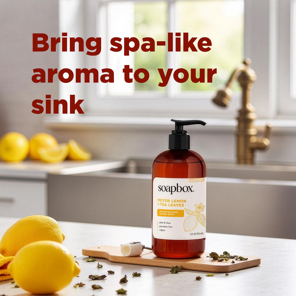 Soapbox bottle with lemon imagery evokes fresh kitchen and bathroom routines.