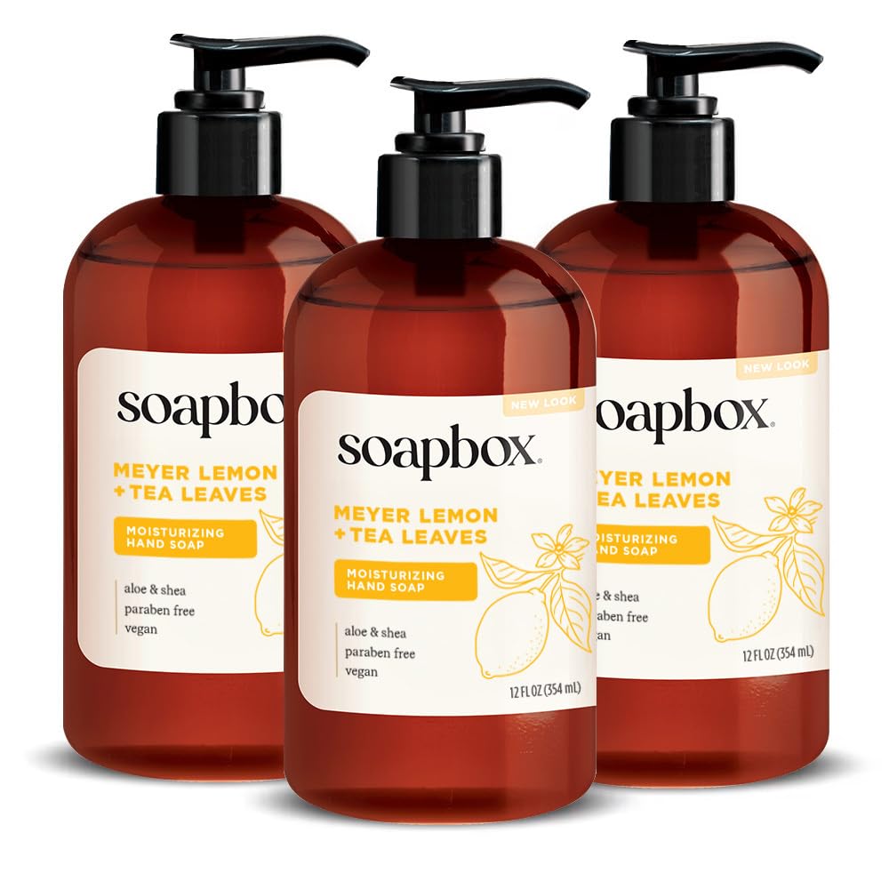 Soapbox Meyer Lemon Tea Leaves liquid hand soap in a pump bottle for daily cleansing.