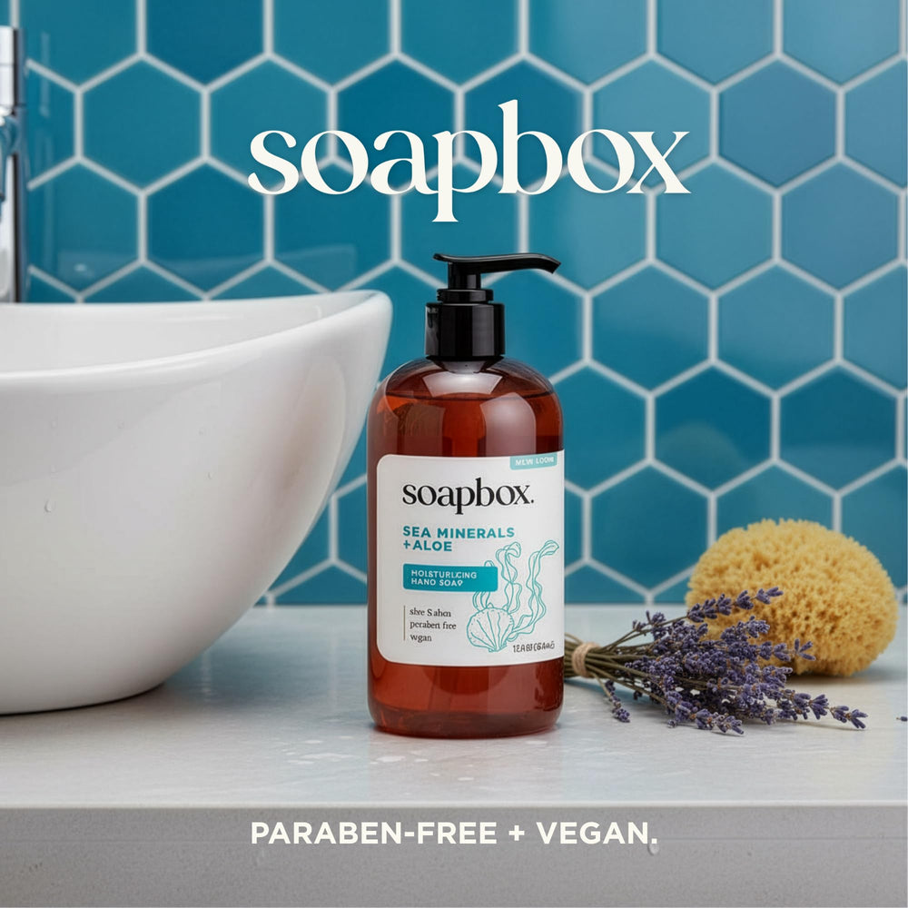 Soapbox Sea Minerals & Aloe hand soap in use at kitchen sink