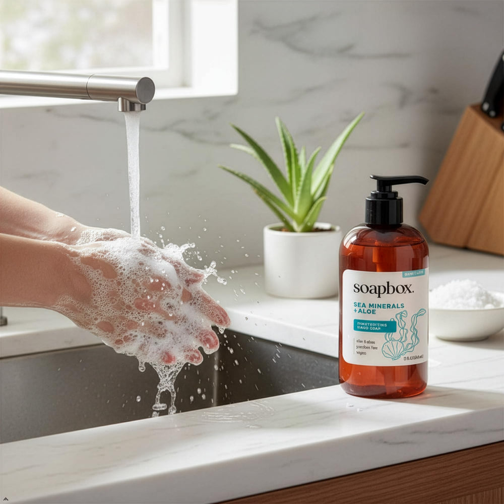 Soapbox Sea Minerals & Aloe on shelf highlighting premium packaging and USA-made origin