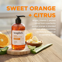 Soapbox Sweet Orange Citrus label close-up showing vegan cruelty-free formula and natural fragrance