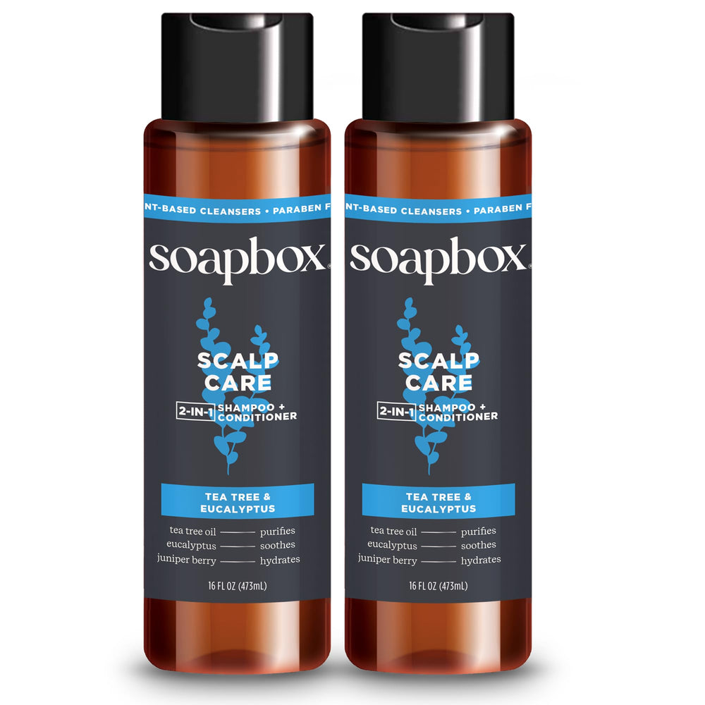 Soapbox Men's 2in1 shampoo-conditioner pour for quick scalp refresh and daily routine.