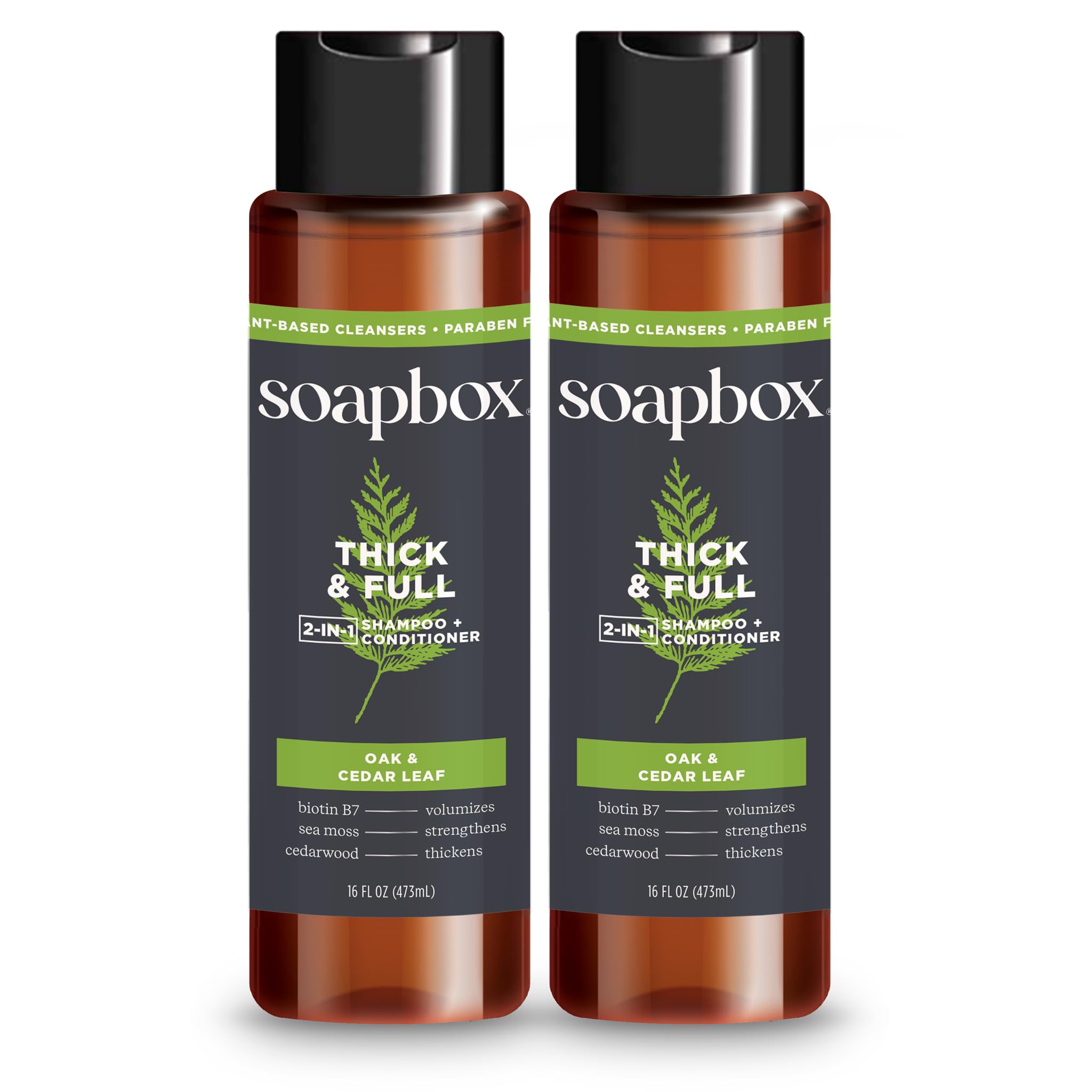 Soapbox Men's Thick & Full 2-in-1 shampoo bottle front highlights cedar scent and fuller look.