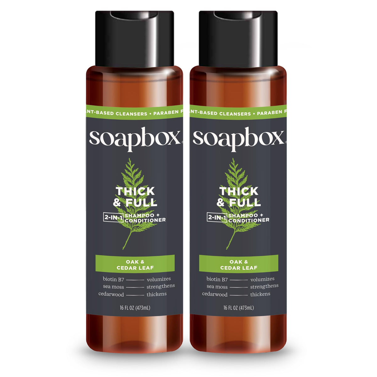 Soapbox Men's Thick & Full 2-in-1 shampoo bottle front highlights cedar scent and fuller look.