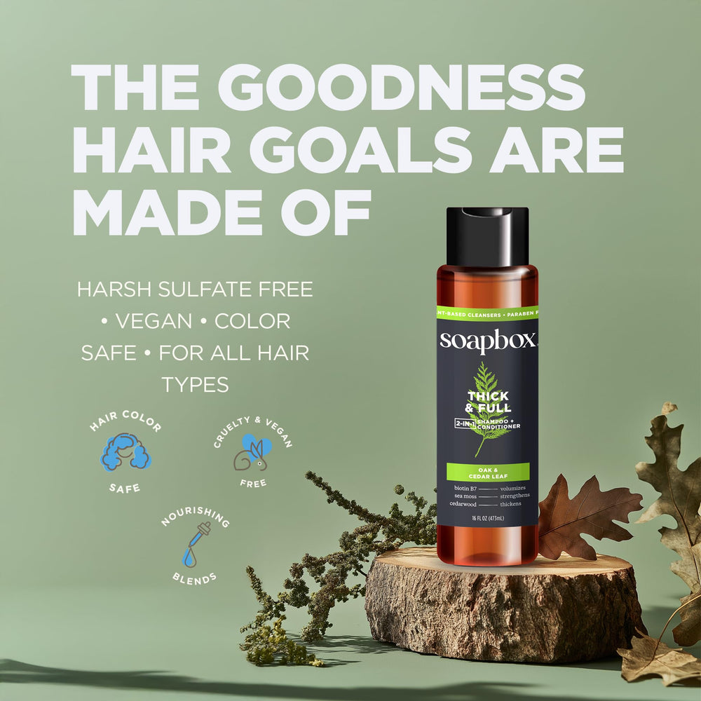 Soapbox 2-in-1 bottle shows color-safe formula for all hair colors.