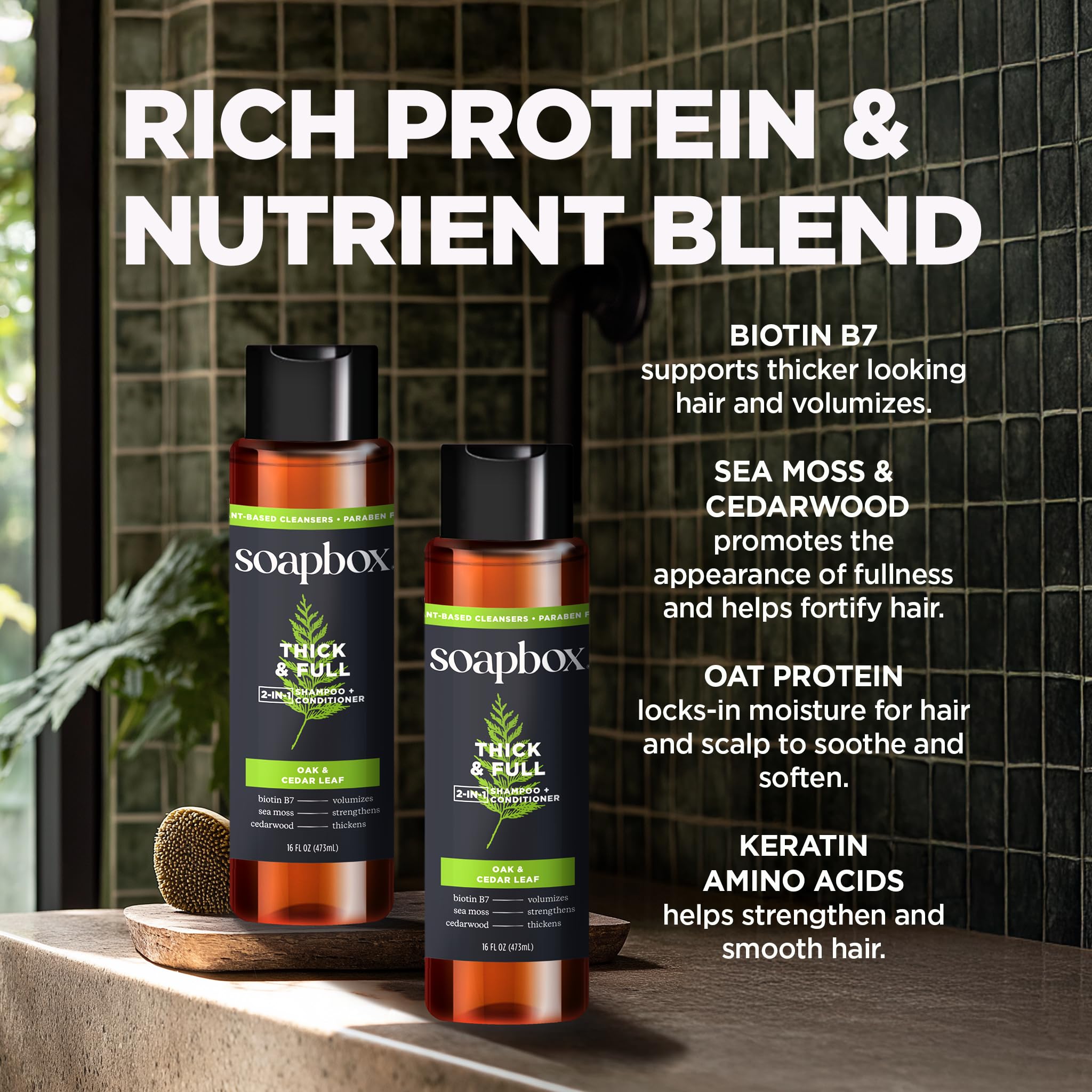 Soapbox Men's 2-in-1 with biotin close-up emphasizes nourishing scalp-care ingredients.