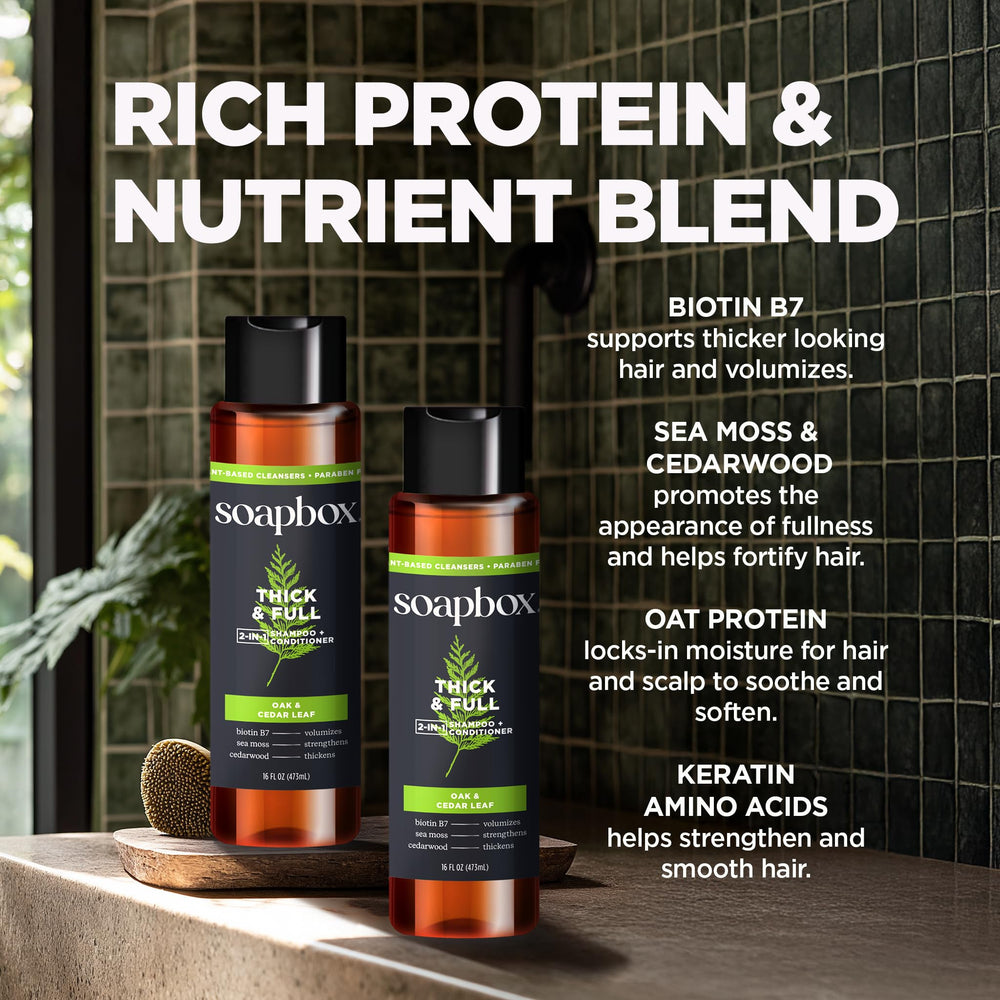 Soapbox Men's 2-in-1 with biotin close-up emphasizes nourishing scalp-care ingredients.