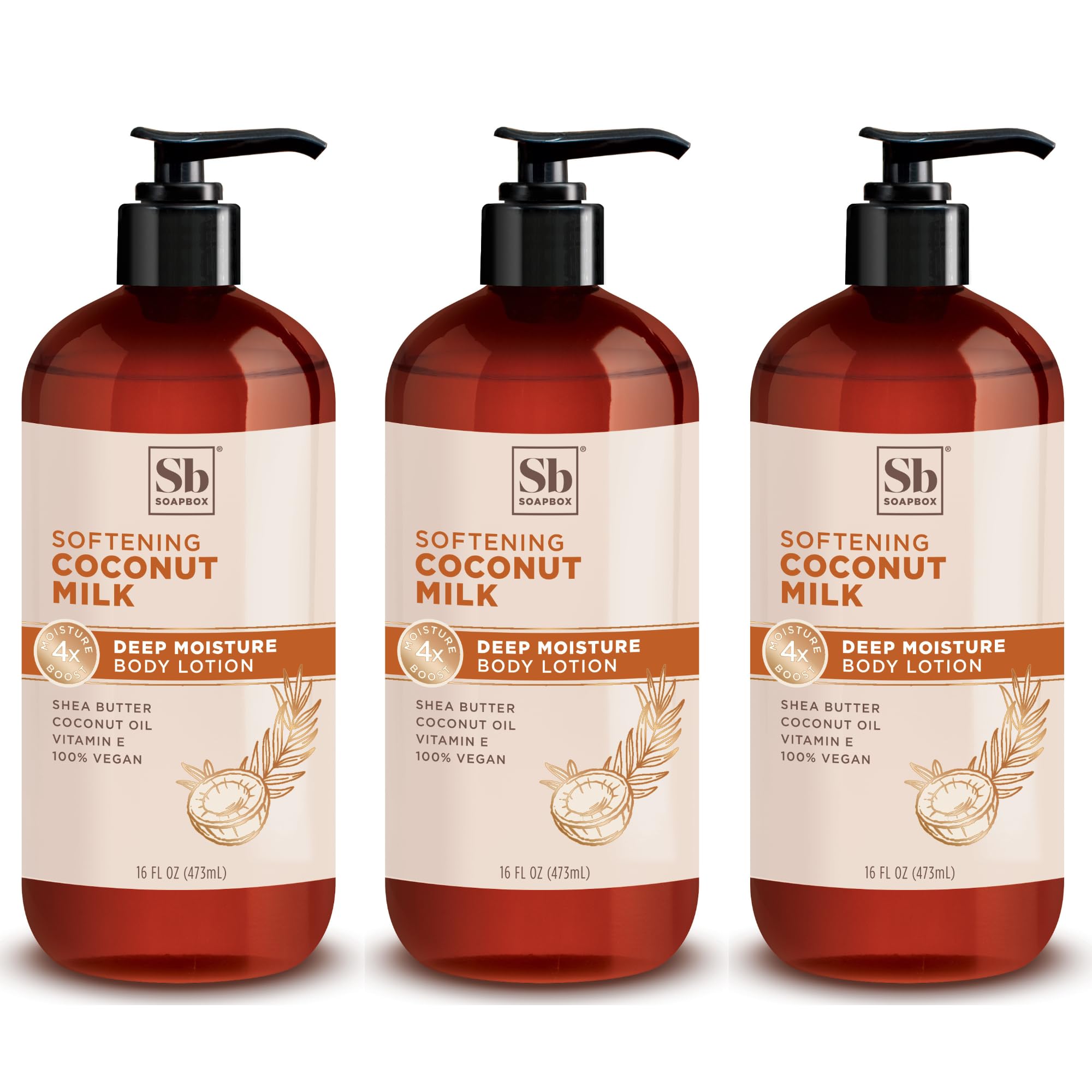Soapbox moisturizing body lotion coconut milk bottle delivers creamy hydration for dry skin.