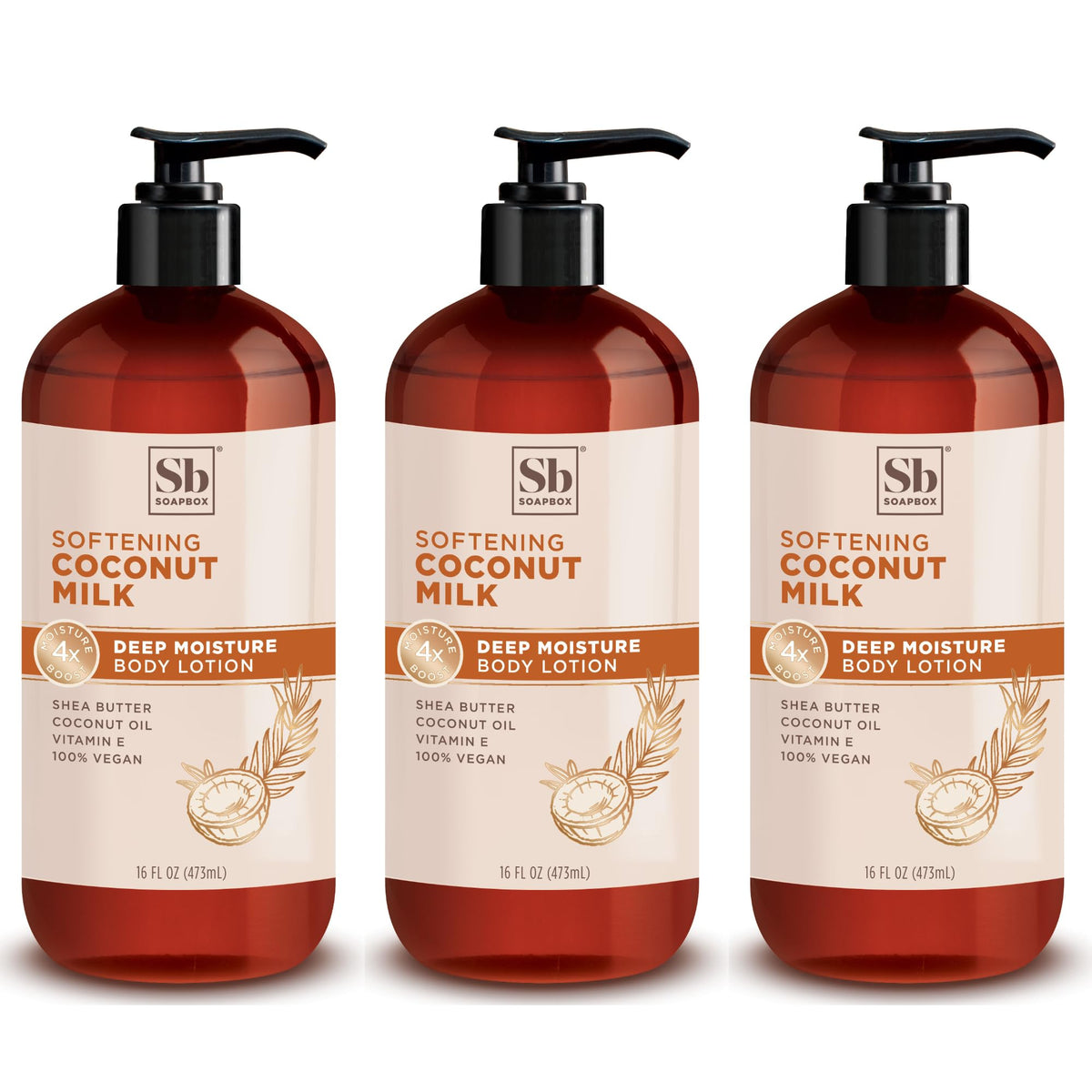 Soapbox moisturizing body lotion coconut milk bottle delivers creamy hydration for dry skin.
