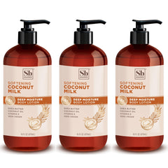 Soapbox moisturizing body lotion coconut milk bottle delivers creamy hydration for dry skin.