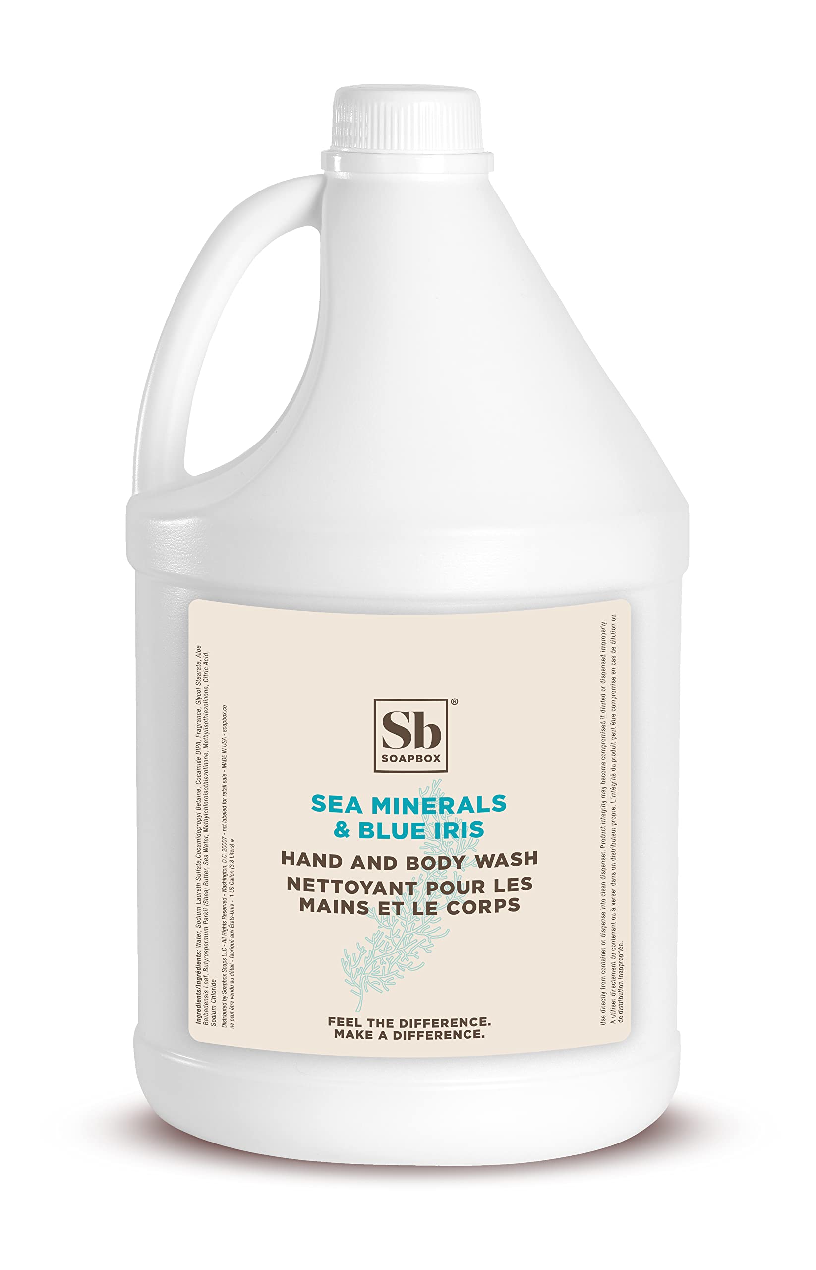 Soapbox Sea Minerals Blue Iris bottle with ocean scent and moisturizing formula for daily hand and body cleansing.