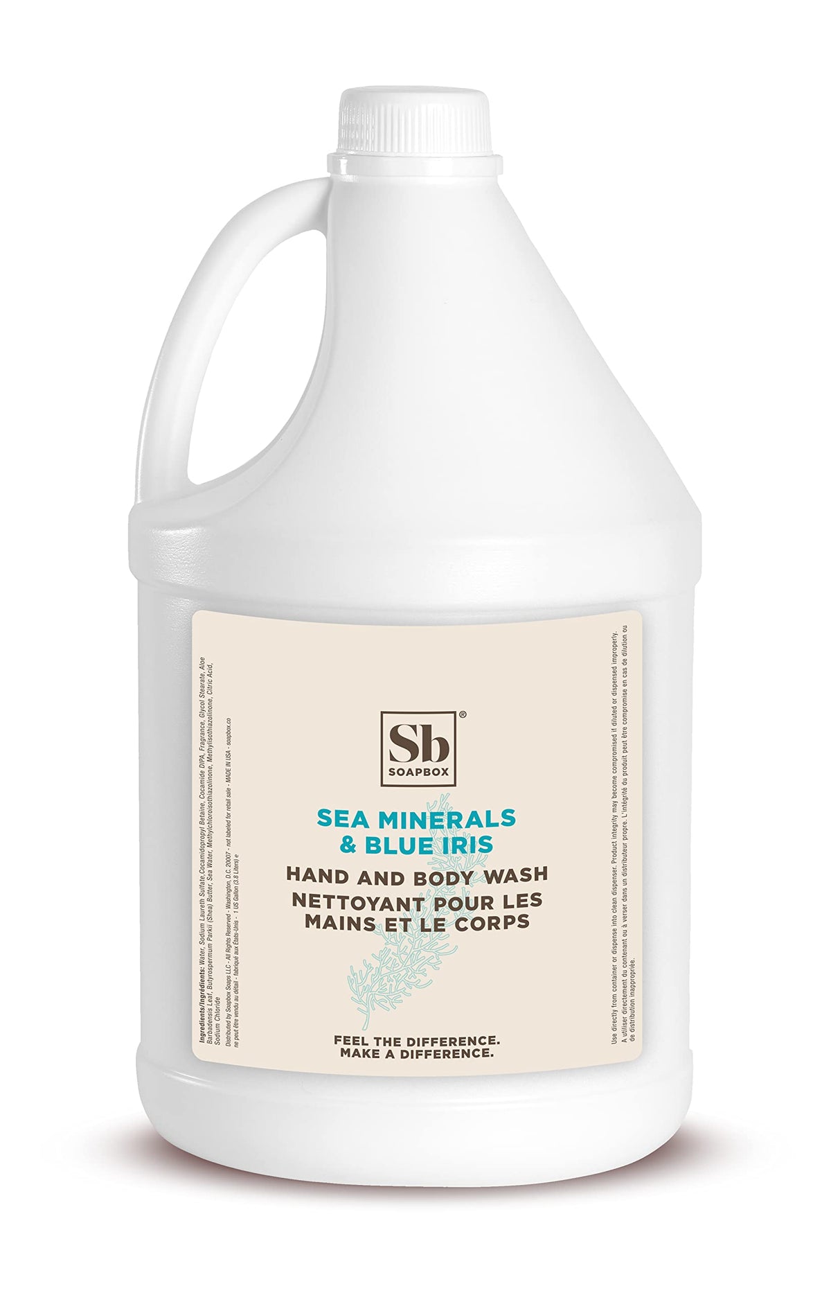 Soapbox Sea Minerals Blue Iris bottle with ocean scent and moisturizing formula for daily hand and body cleansing.