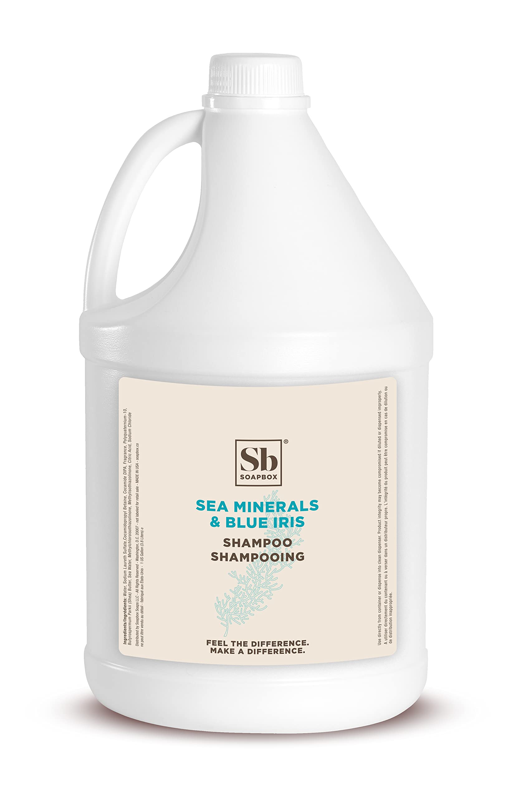 Soapbox Sea Minerals Blue Iris shampoo bottle shows ocean scent for gentle cleansing.
