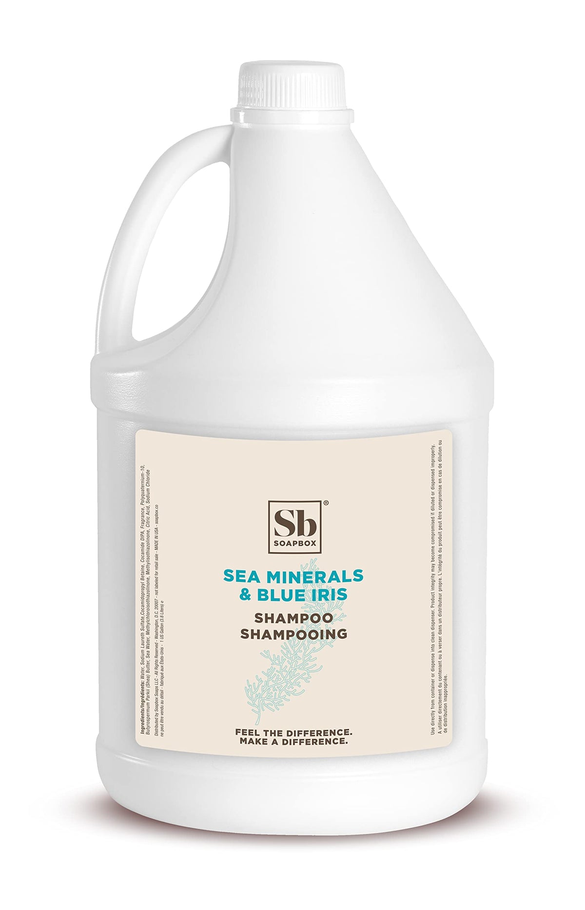 Soapbox Sea Minerals Blue Iris shampoo bottle shows ocean scent for gentle cleansing.